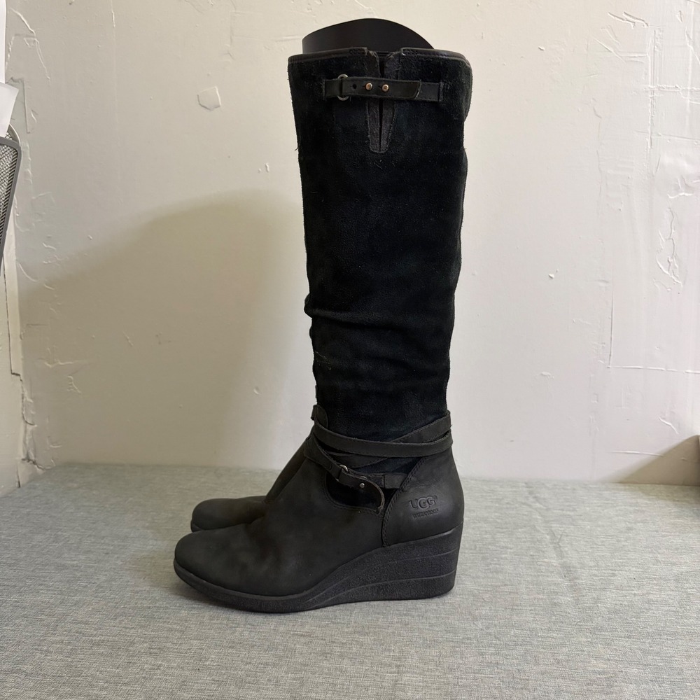 UGG Tall Boots Womens 8 Black Simmens Waterproof Suede Leather Wedge Buckle